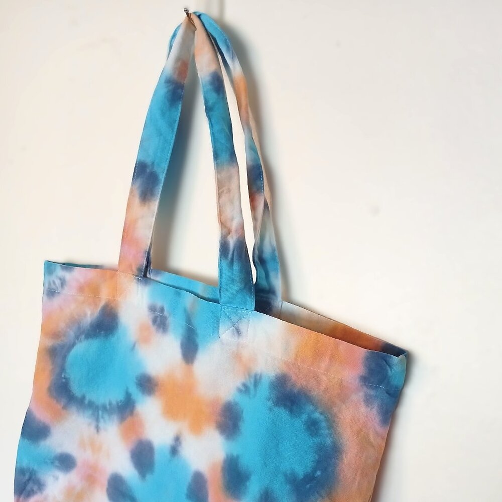 Tie Dye Cotton Reusable Grocery Tote Bag With Colorbursts in Orange Blue & Pink - Picture 12 of 16